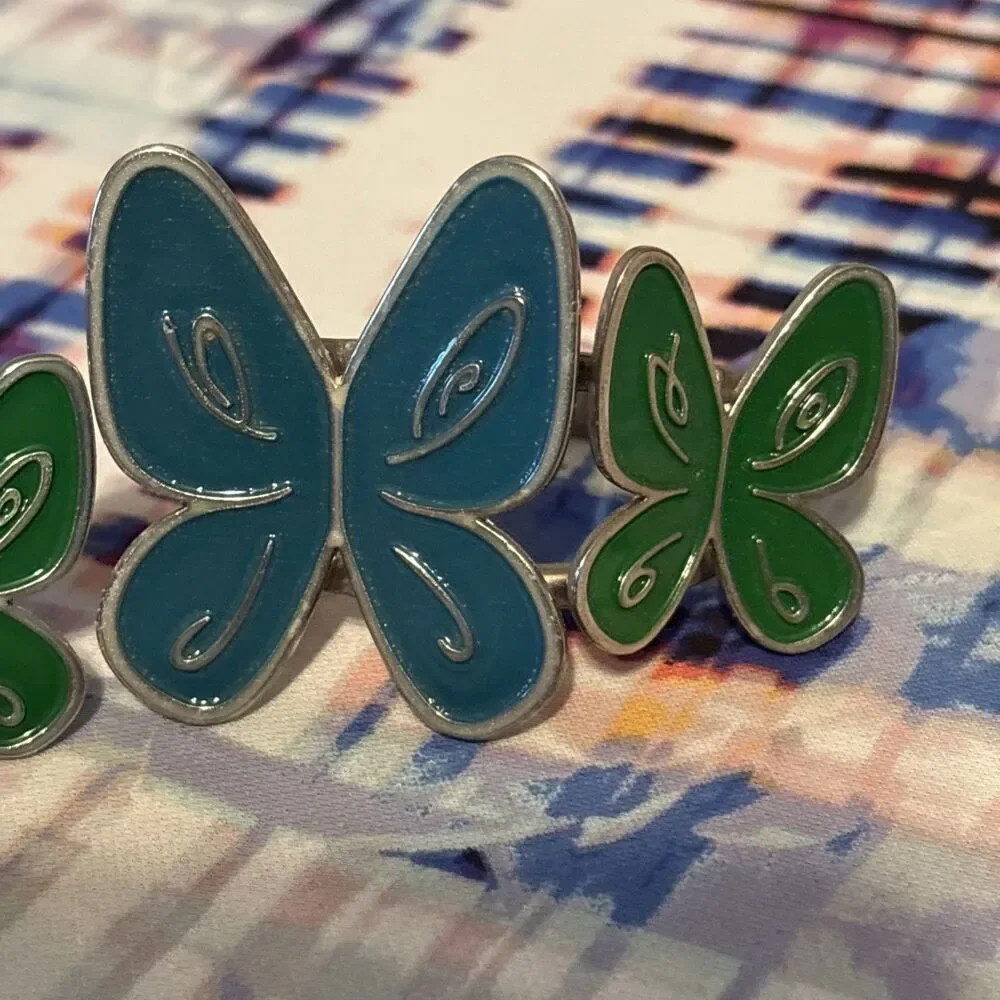 Set Of 4 Enamel Blue/Green Butterfly‎ Napkin Rings Holder Silver Metal